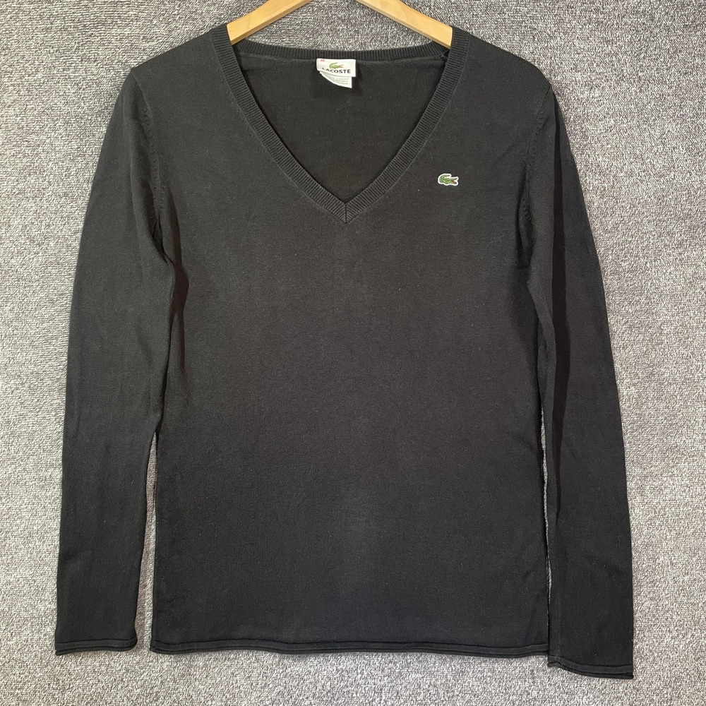 Lacoste Sweater Mens 40 V-Neck Black 100% Cotton Long Sleeve Logo
